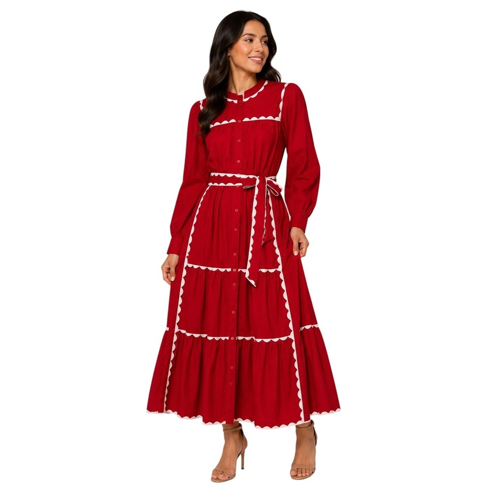 *NWT* Crown & Ivy Maxi Dress Womens Large Red Ric Rac Trim Tiered Long Sleeve